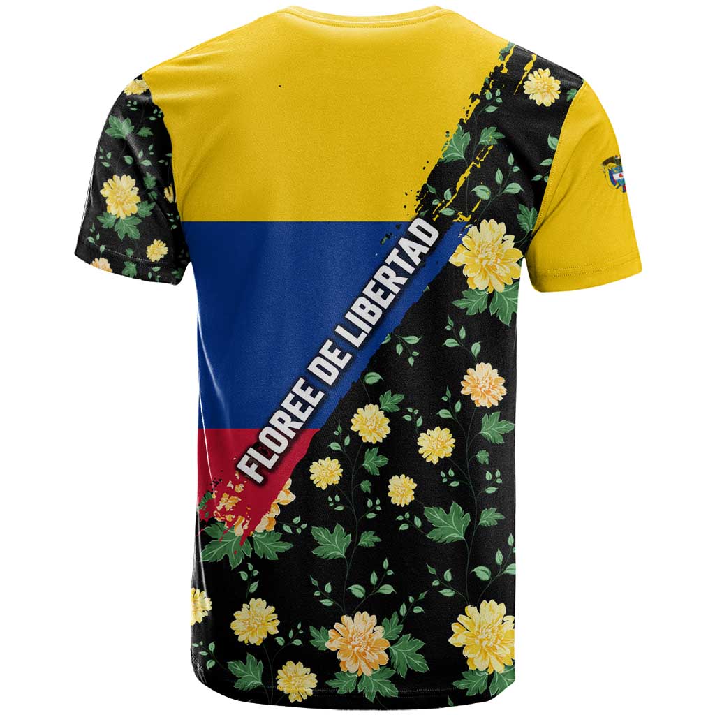 Colombia Yellow Flower Pattern T-Shirt with Flag Colors and Floree de Libertad Design Graphic Tee