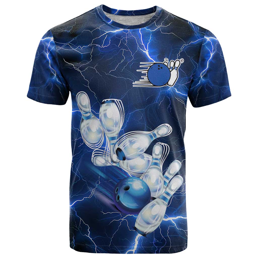 Blue Lightning Bowling T-Shirt with Striking Ball and Pins Graphic and Custom Name Design Graphic Tee