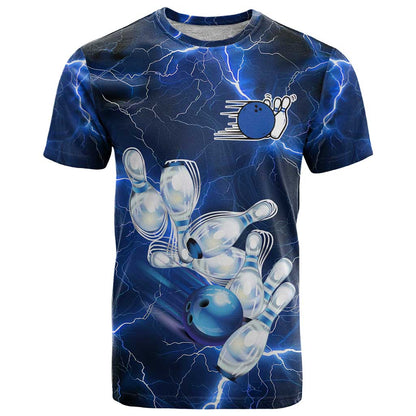 Blue Lightning Bowling T-Shirt with Striking Ball and Pins Graphic and Custom Name Design Graphic Tee