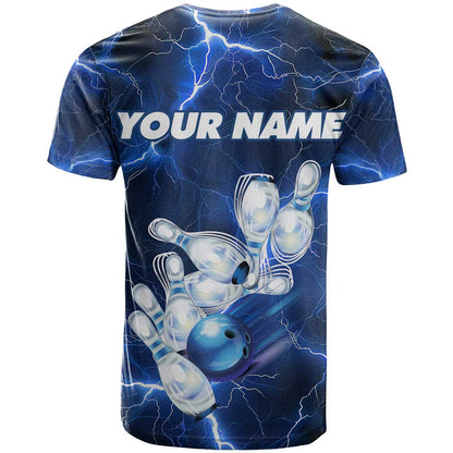 Blue Lightning Bowling T-Shirt with Striking Ball and Pins Graphic and Custom Name Design Graphic Tee