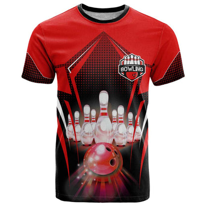 Red Bowling Strike Graphic T-Shirt with Pins and Ball and Custom Name Design Graphic Tee