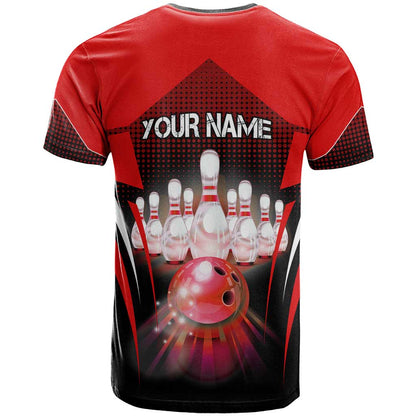 Red Bowling Strike Graphic T-Shirt with Pins and Ball and Custom Name Design Graphic Tee