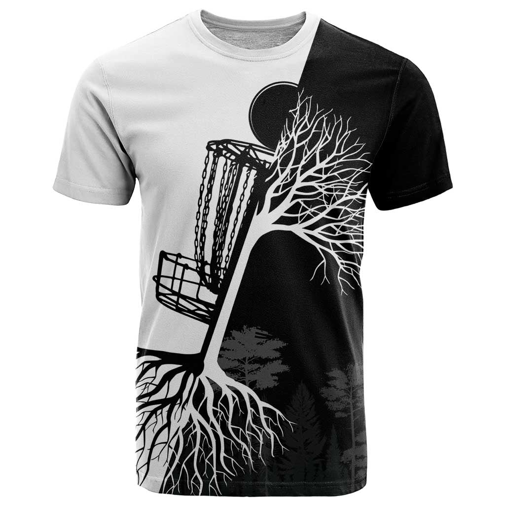 Black and White Disc Golf Tree Graphic T-Shirt with Roots Silhouette and Custom Name Design Graphic Tee