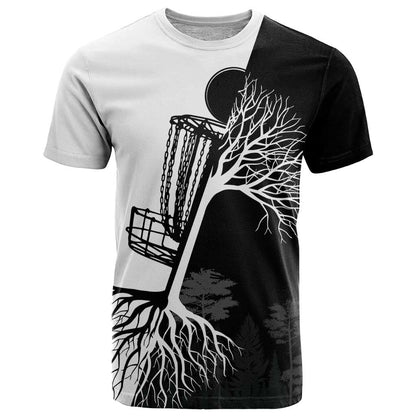 Black and White Disc Golf Tree Graphic T-Shirt with Roots Silhouette and Custom Name Design Graphic Tee