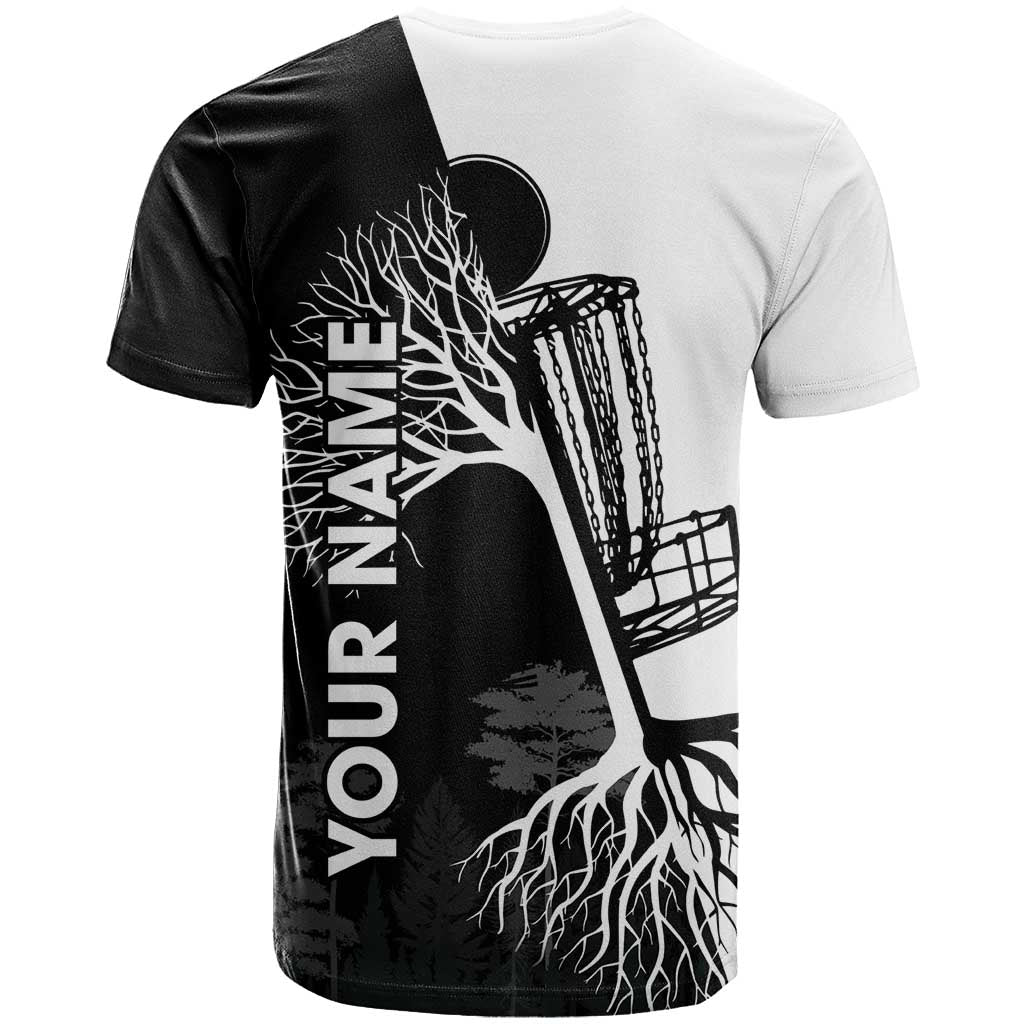 Black and White Disc Golf Tree Graphic T-Shirt with Roots Silhouette and Custom Name Design Graphic Tee