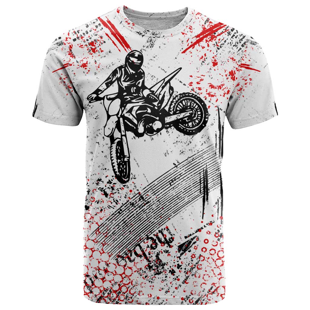 Motocross Rider T-Shirt with Abstract Grunge Brush and Custom Number in Red and Black Splatter Design Graphic Tee