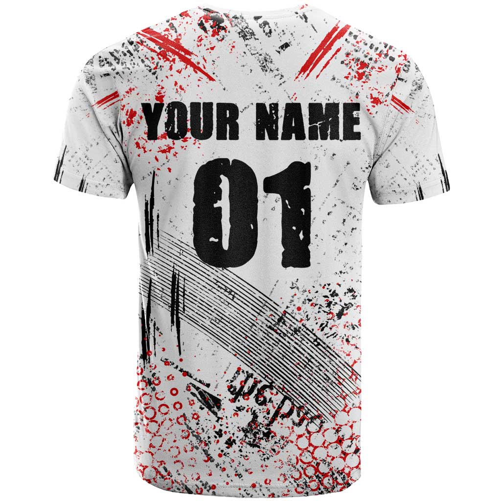 Motocross Rider T-Shirt with Abstract Grunge Brush and Custom Number in Red and Black Splatter Design Graphic Tee