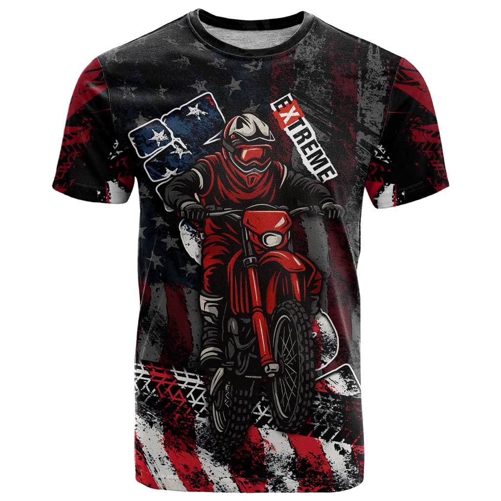 Motocross Rider T-Shirt with American Flag Background and Extreme Text in Red and Black Grunge Design Graphic Tee