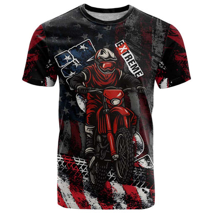 Motocross Rider T-Shirt with American Flag Background and Extreme Text in Red and Black Grunge Design Graphic Tee