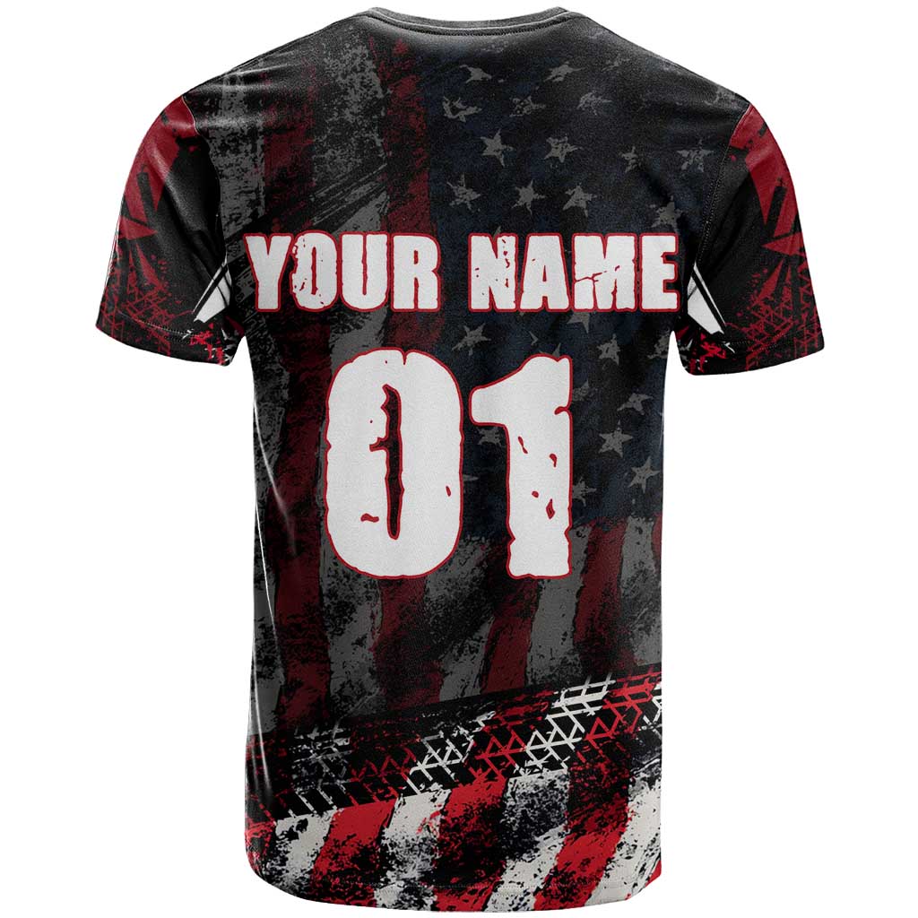 Motocross Rider T-Shirt with American Flag Background and Extreme Text in Red and Black Grunge Design Graphic Tee
