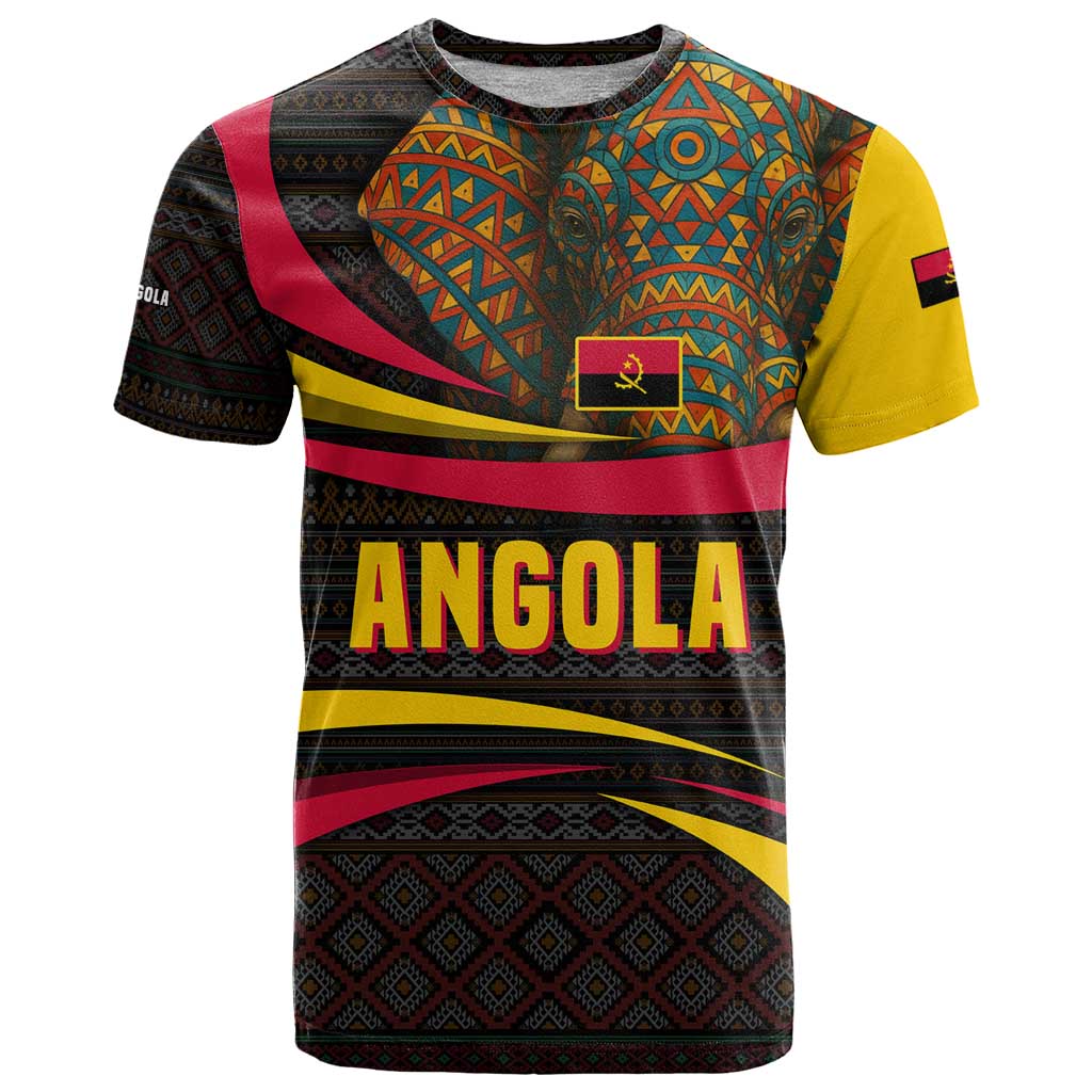 Angola T-Shirt with Red Black Yellow Tribal Design and Elephant Graphic Tee