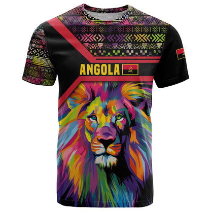 Angola T-Shirt with Multicolor Tribal Design and Vibrant Lion Graphic Tee