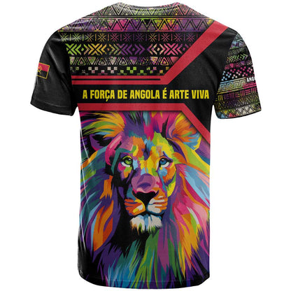 Angola T-Shirt with Multicolor Tribal Design and Vibrant Lion Graphic Tee