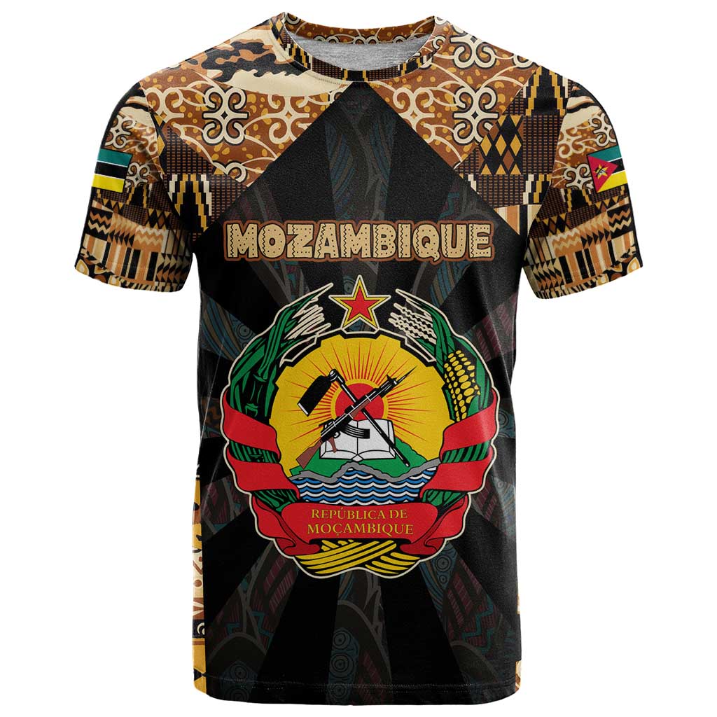 Mozambique T-Shirt with Black Brown Tribal Design and National Emblem Graphic Tee