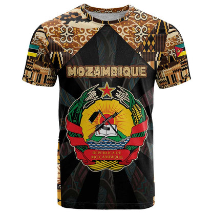 Mozambique T-Shirt with Black Brown Tribal Design and National Emblem Graphic Tee