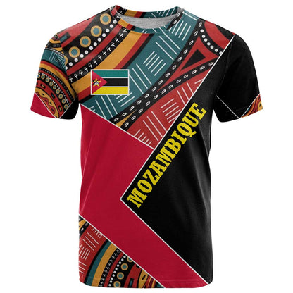 Mozambique T-Shirt with Red Black Geometric Design and Tribal Pattern Graphic Tee