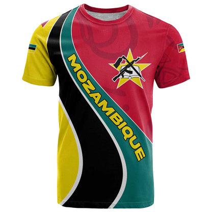 Mozambique T-Shirt with Red Yellow Green Wave Design and National Emblem Graphic Tee