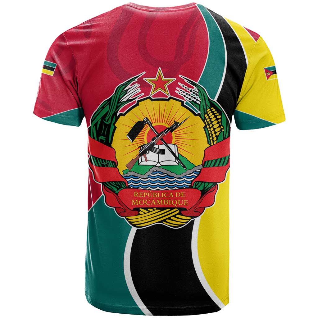 Mozambique T-Shirt with Red Yellow Green Wave Design and National Emblem Graphic Tee