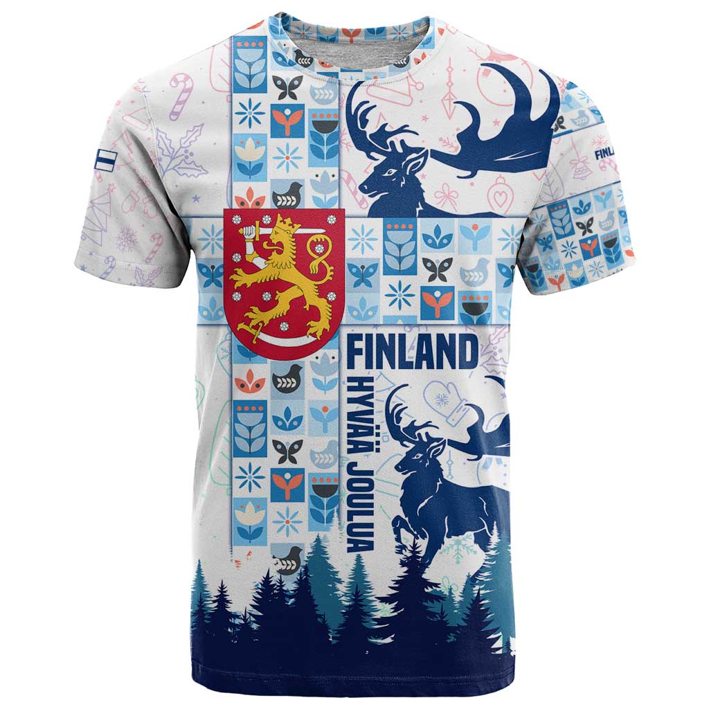 Finland Christmas T-Shirt with Reindeer Forest Crest and Nordic Pattern Design Graphic Tee