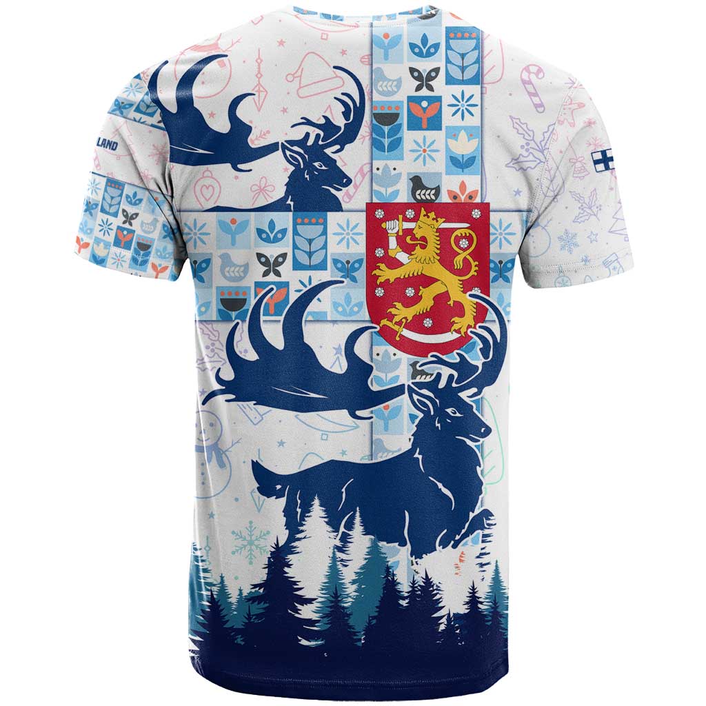 Finland Christmas T-Shirt with Reindeer Forest Crest and Nordic Pattern Design Graphic Tee