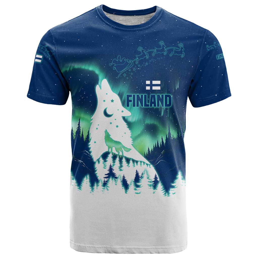 Finland Christmas T-Shirt with Howling Wolf Northern Lights Forest and Snow Design Graphic Tee