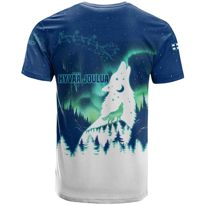 Finland Christmas T-Shirt with Howling Wolf Northern Lights Forest and Snow Design Graphic Tee
