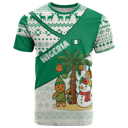 Nigeria Christmas T-Shirt with Gingerbread Snowman Palm Tree and Tribal Mask Design Graphic Tee