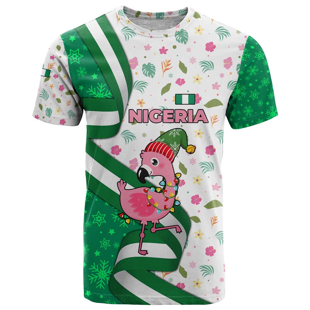 Nigeria Christmas T-Shirt with Pink Flamingo Tropical Leaves and Festive Lights Design Graphic Tee