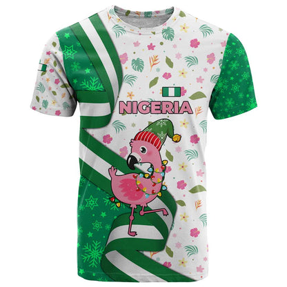 Nigeria Christmas T-Shirt with Pink Flamingo Tropical Leaves and Festive Lights Design Graphic Tee