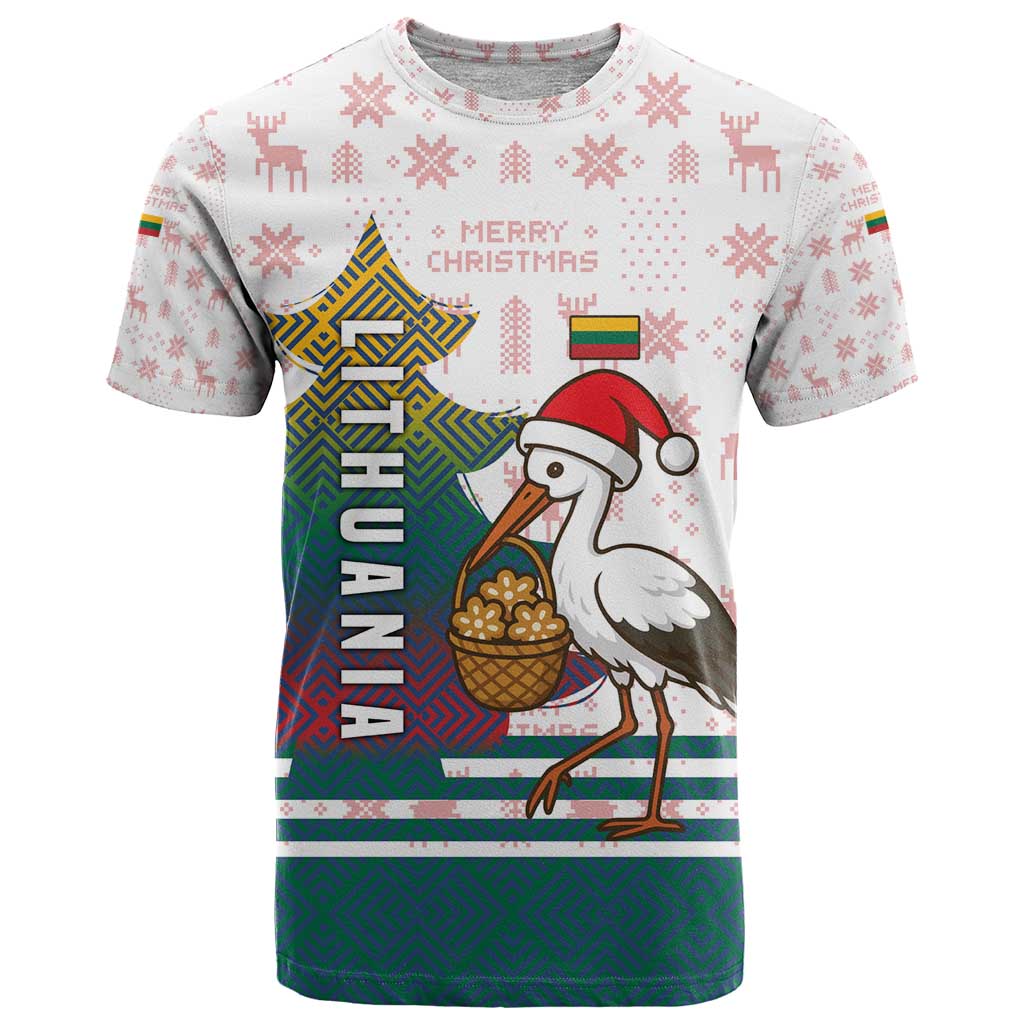 Lithuania Christmas T-Shirt with Stork Basket Snowflakes and Traditional Pattern Design Graphic Tee