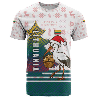 Lithuania Christmas T-Shirt with Stork Basket Snowflakes and Traditional Pattern Design Graphic Tee
