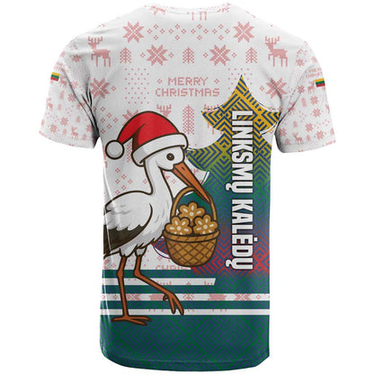 Lithuania Christmas T-Shirt with Stork Basket Snowflakes and Traditional Pattern Design Graphic Tee