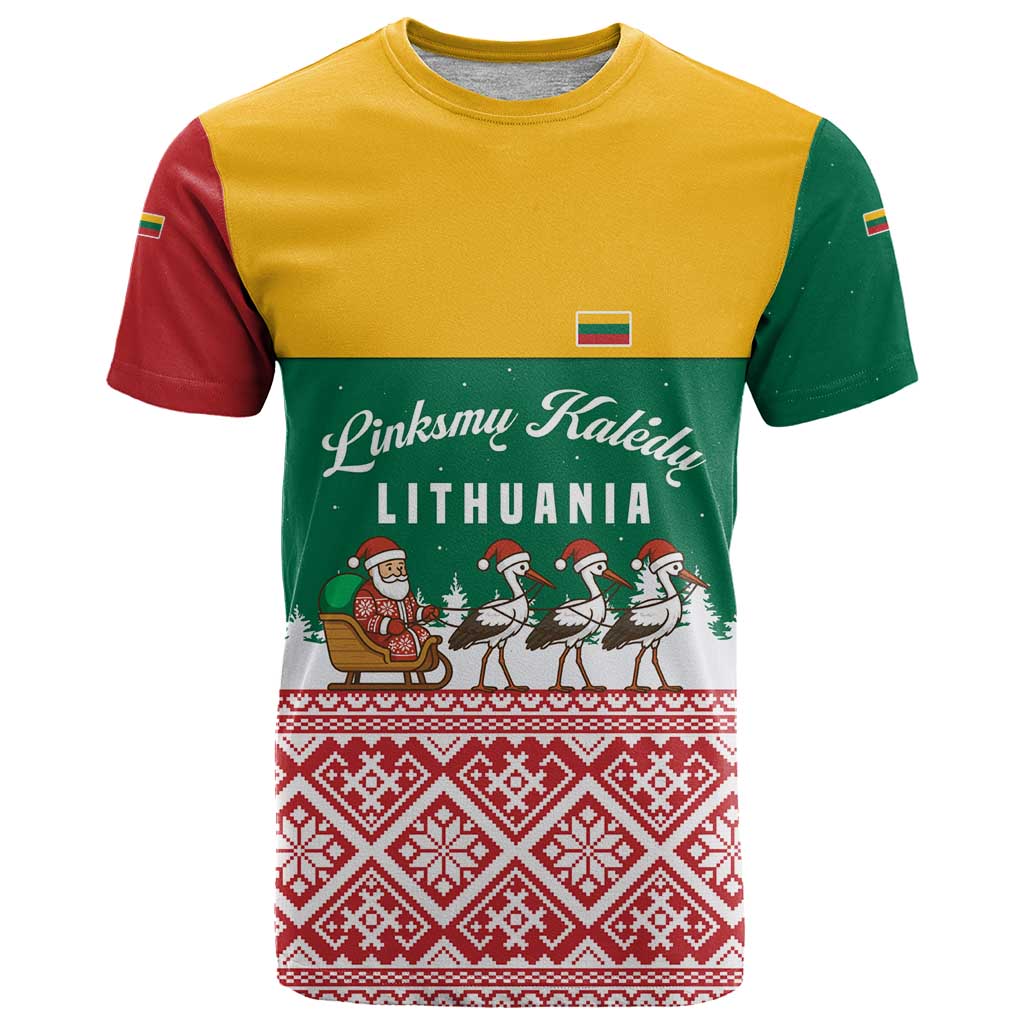 Lithuania Christmas T-Shirt with Santa Sleigh Pulled by Storks and Folk Pattern Design Graphic Tee