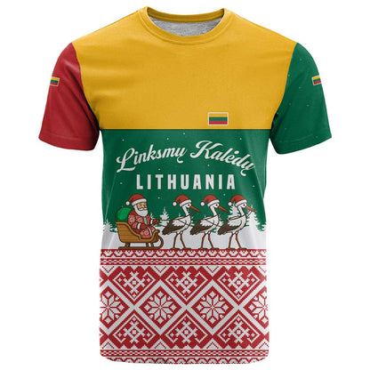 Lithuania Christmas T-Shirt with Santa Sleigh Pulled by Storks and Folk Pattern Design Graphic Tee