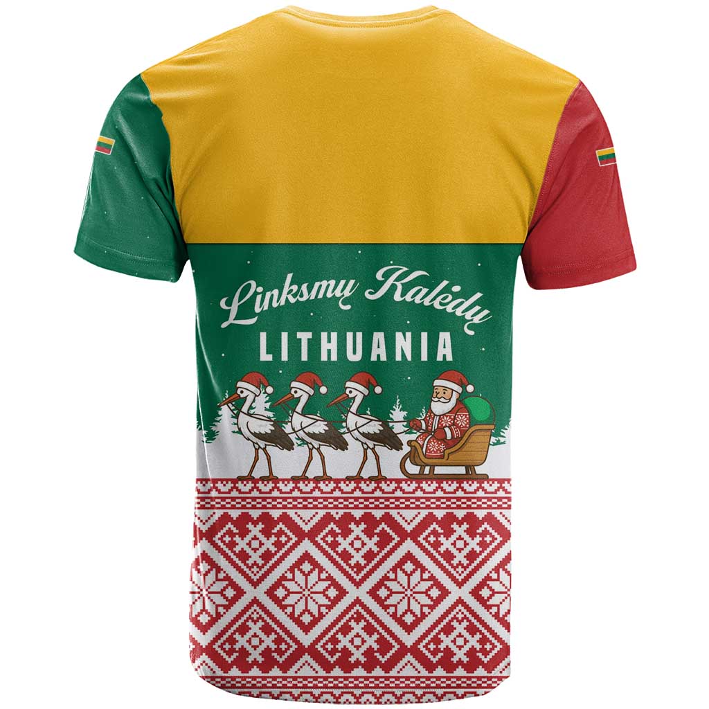 Lithuania Christmas T-Shirt with Santa Sleigh Pulled by Storks and Folk Pattern Design Graphic Tee