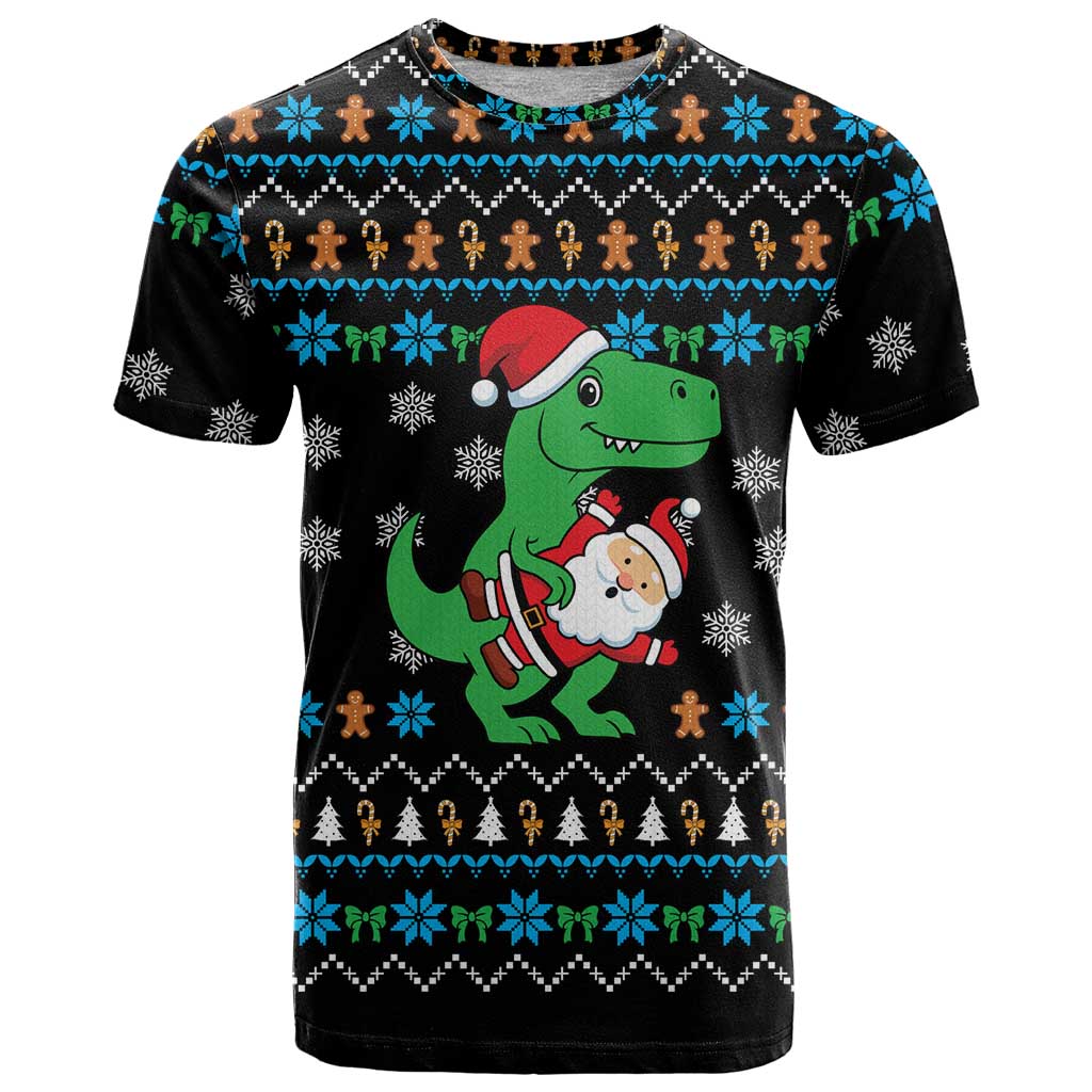Funny Santa Riding Dinosaur Christmas T-Shirt Gingerbread Snowflake Pattern Graphic Tee