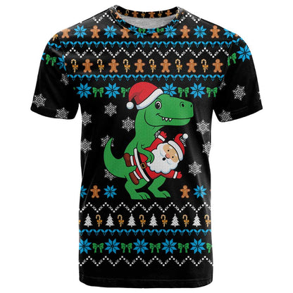 Funny Santa Riding Dinosaur Christmas T-Shirt Gingerbread Snowflake Pattern Graphic Tee