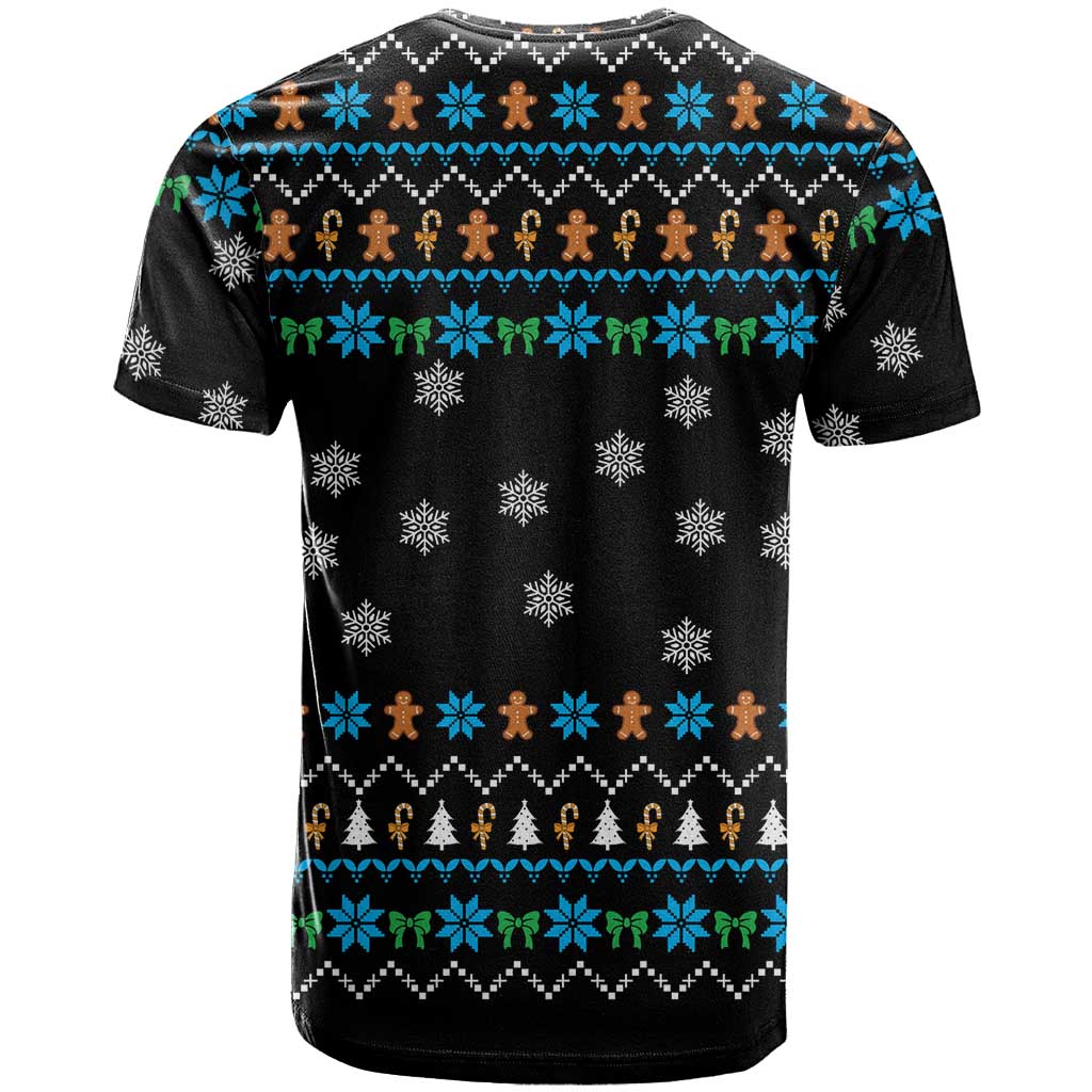 Funny Santa Riding Dinosaur Christmas T-Shirt Gingerbread Snowflake Pattern Graphic Tee