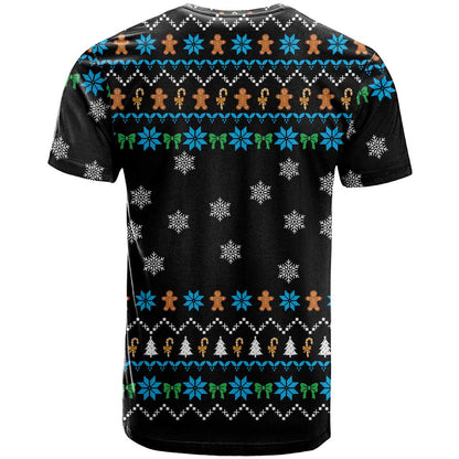 Funny Santa Riding Dinosaur Christmas T-Shirt Gingerbread Snowflake Pattern Graphic Tee