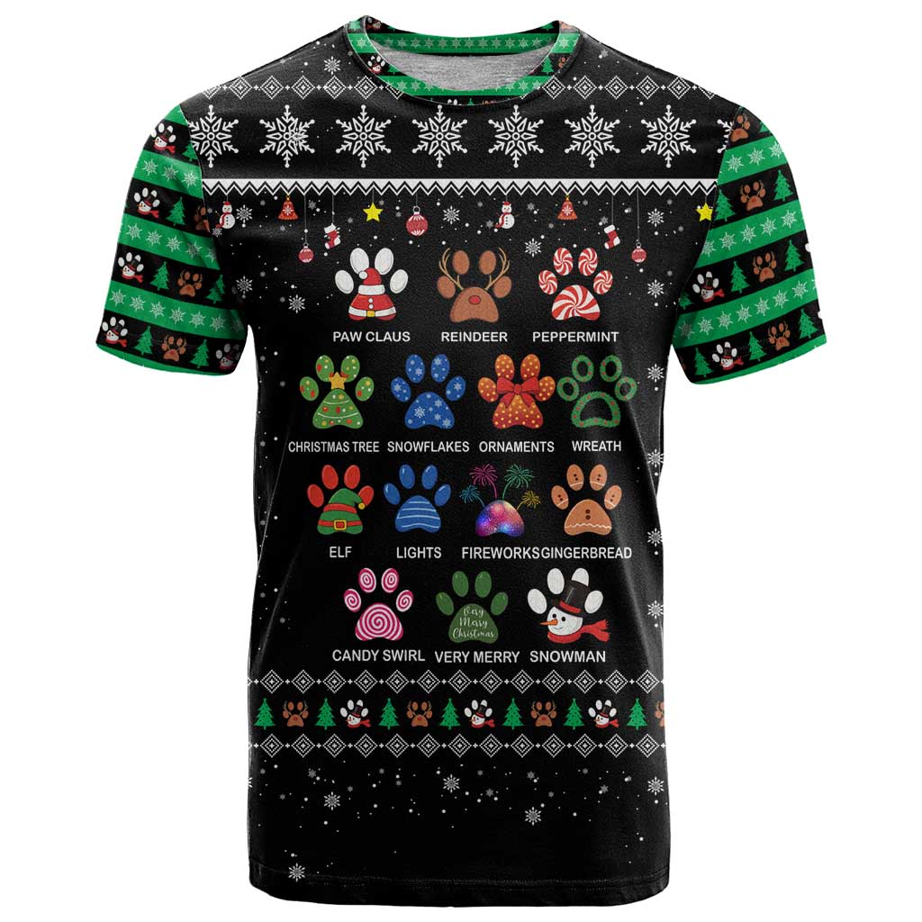 Christmas Colorful Dog Pawprint T-Shirt Black Snowflake Pattern Design Graphic Tee
