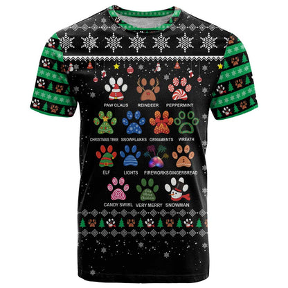 Christmas Colorful Dog Pawprint T-Shirt Black Snowflake Pattern Design Graphic Tee