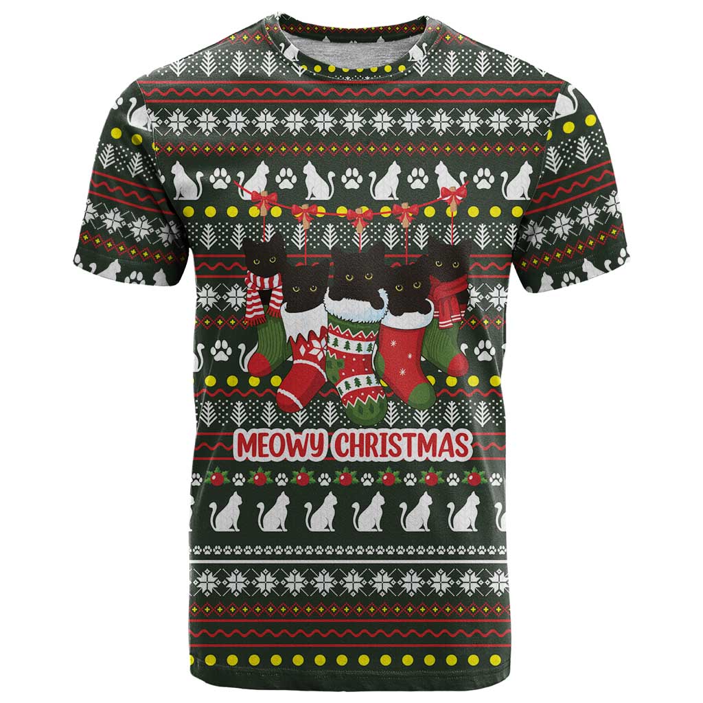 Black Cats in Stockings T-Shirt with Meowy Christmas Quote on Festive Pattern Design Graphic Tee