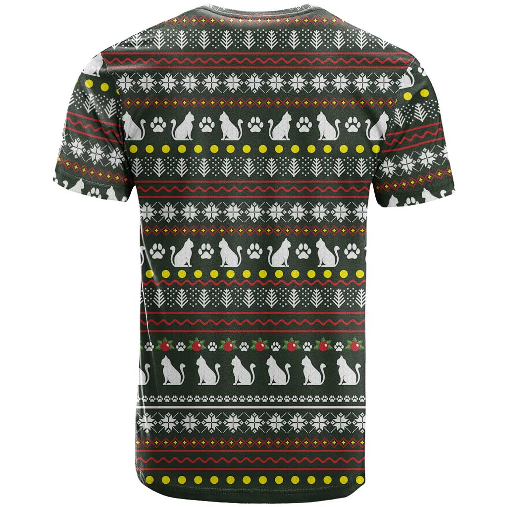 Black Cats in Stockings T-Shirt with Meowy Christmas Quote on Festive Pattern Design Graphic Tee