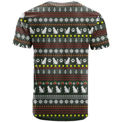Black Cats in Stockings T-Shirt with Meowy Christmas Quote on Festive Pattern Design Graphic Tee