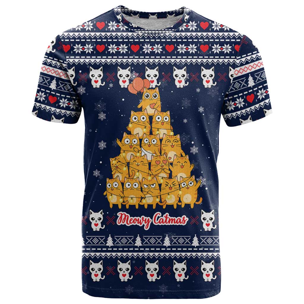 Meowy Catmas T-Shirt with Orange Cats Christmas Tree and Snowflake Pattern Design Graphic Tee