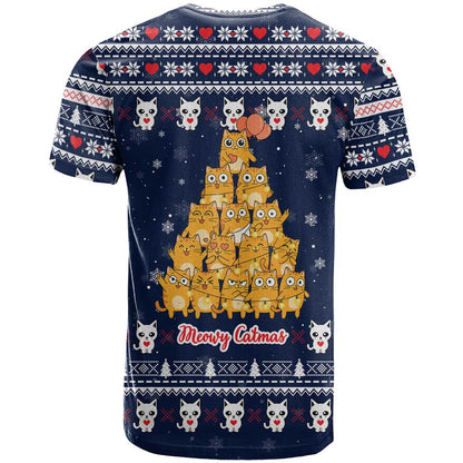 Meowy Catmas T-Shirt with Orange Cats Christmas Tree and Snowflake Pattern Design Graphic Tee