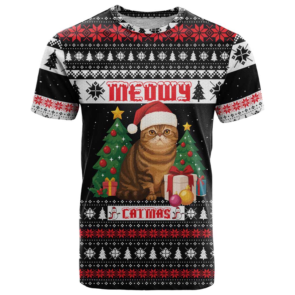 Meowy Catmas T-Shirt with Tabby Cat Santa Hat and Christmas Tree Gift Pattern Design Graphic Tee