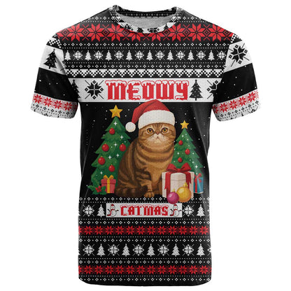 Meowy Catmas T-Shirt with Tabby Cat Santa Hat and Christmas Tree Gift Pattern Design Graphic Tee