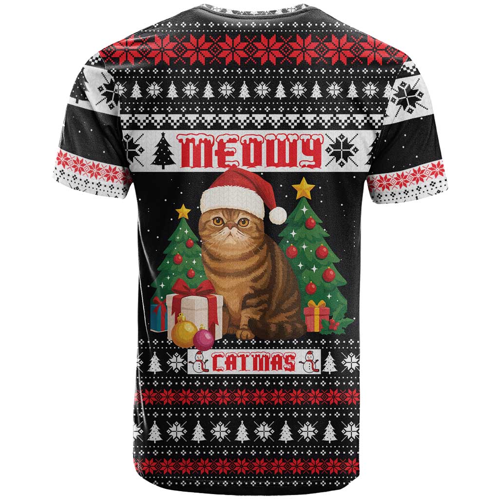 Meowy Catmas T-Shirt with Tabby Cat Santa Hat and Christmas Tree Gift Pattern Design Graphic Tee