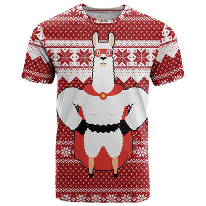 Llama Superhero Christmas T-Shirt Xmas Holiday Patterns Graphic Tee